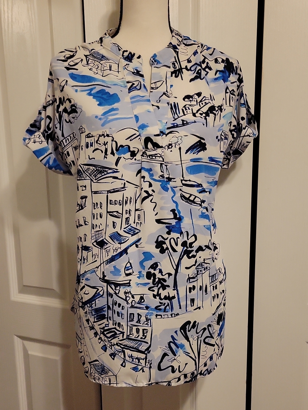 Classic Women's Scenic Print Blouse - Blue & White